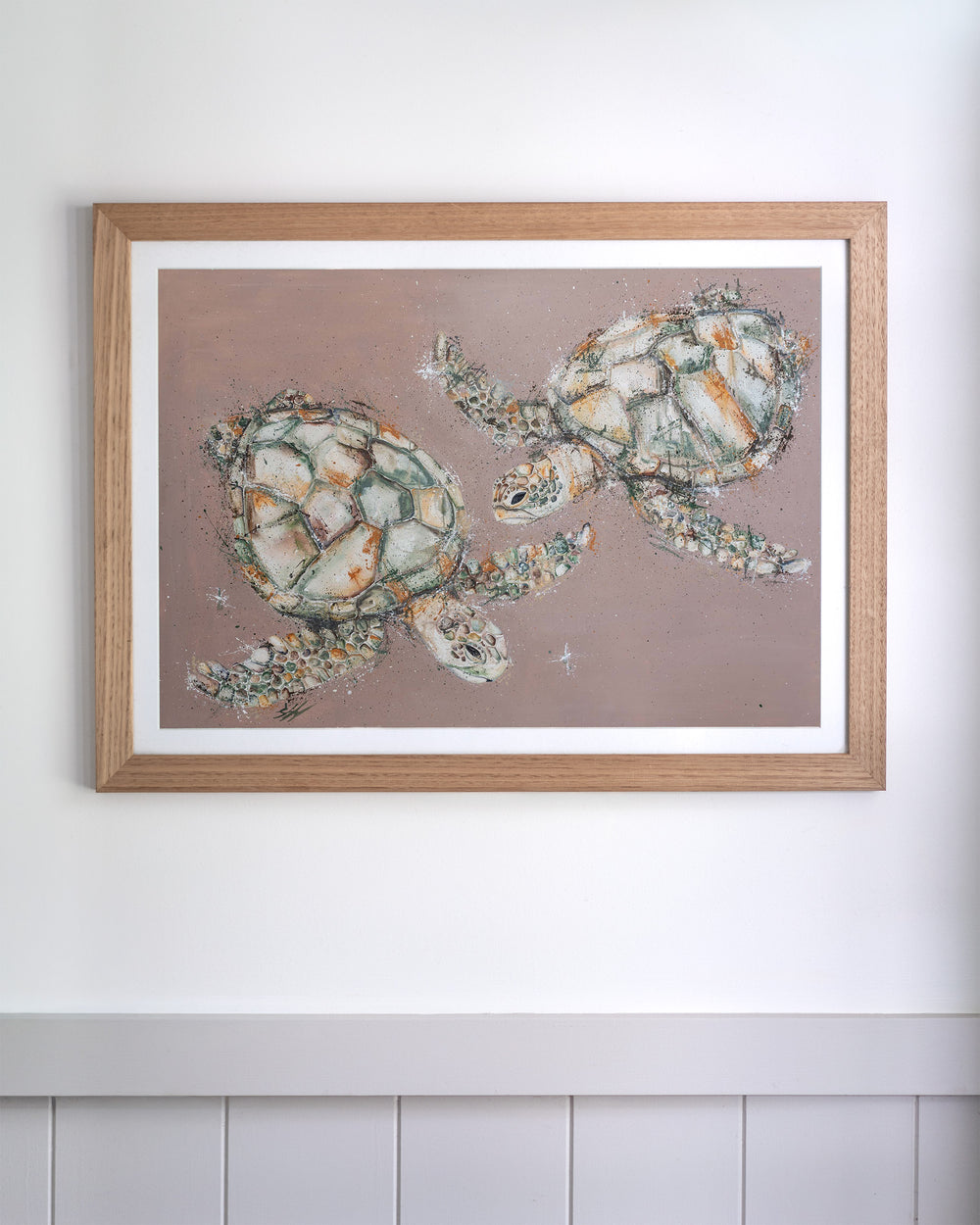 Winter Solstice – green sea turtles, framed paper print in oak frame
