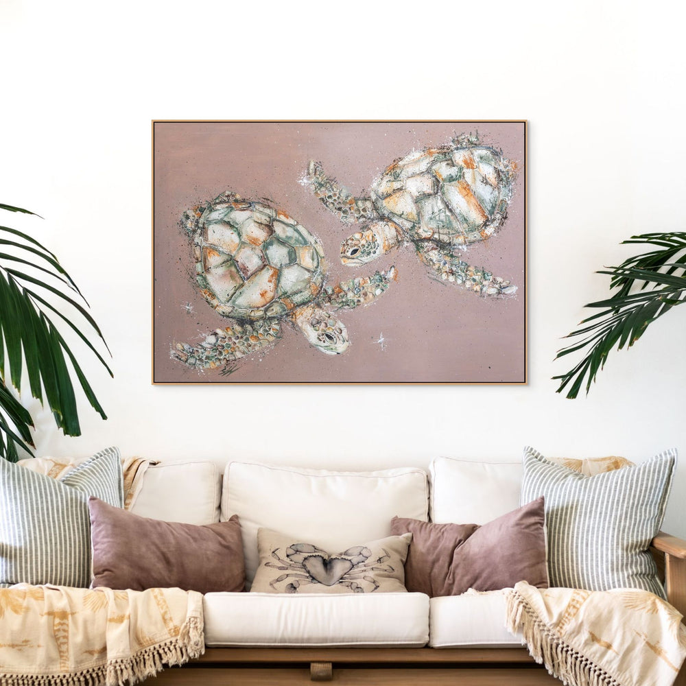 Winter Solstice – sea turtle artwork in white mat and light oak frame styled above sofa | Framed Paper Print