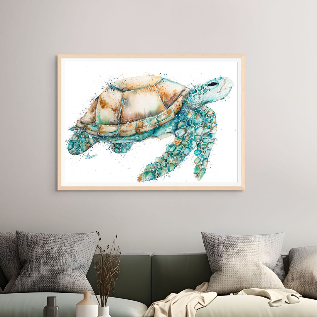 You’re Still With Me In My Dreams by Stephanie Elizabeth – framed paper print of sea turtle with vibrant green tones, fine art marine life print