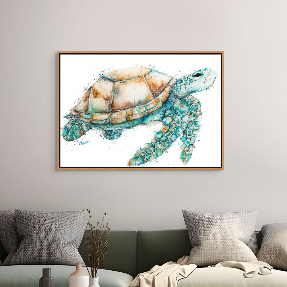 You’re Still With Me In My Dreams by Stephanie Elizabeth – shadow box canvas print of sea turtle in lush green colours, ocean-inspired fine art artwork